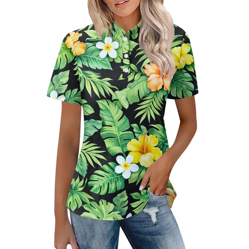 Women’s Casual Polo Neck Loose Fit Short Sleeve Top with Abstract Print and Button for Everyday Wear