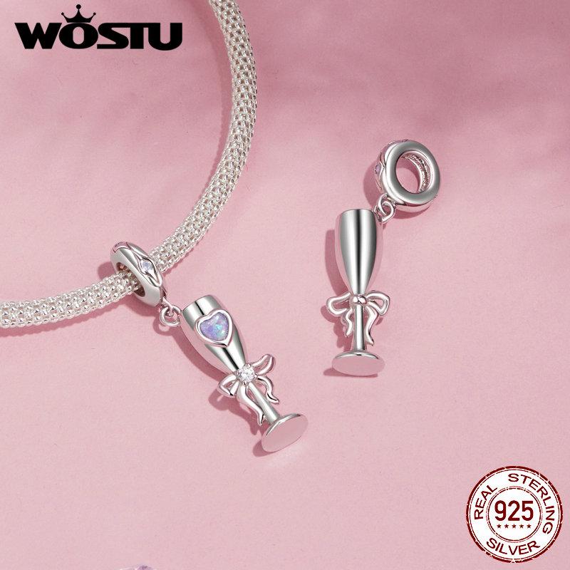 WOSTU 925 Sterling Silver Romantic Candlestick Pendant Heart Safty Chain Wine Cup Charm Cake Bead Fit Original Bracelet Necklace