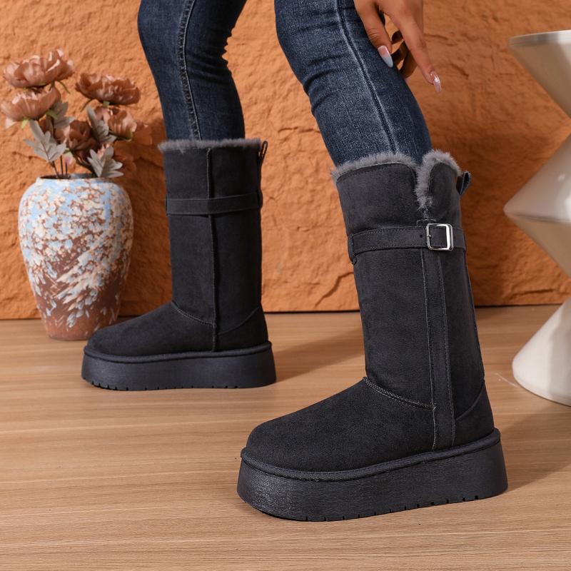 Winter Thick-Soled Snow Boots Round Toe Belt Buckle Sleeve Flat Sole Thickened Cashmere High Boots Large Size Women's Boots36-41