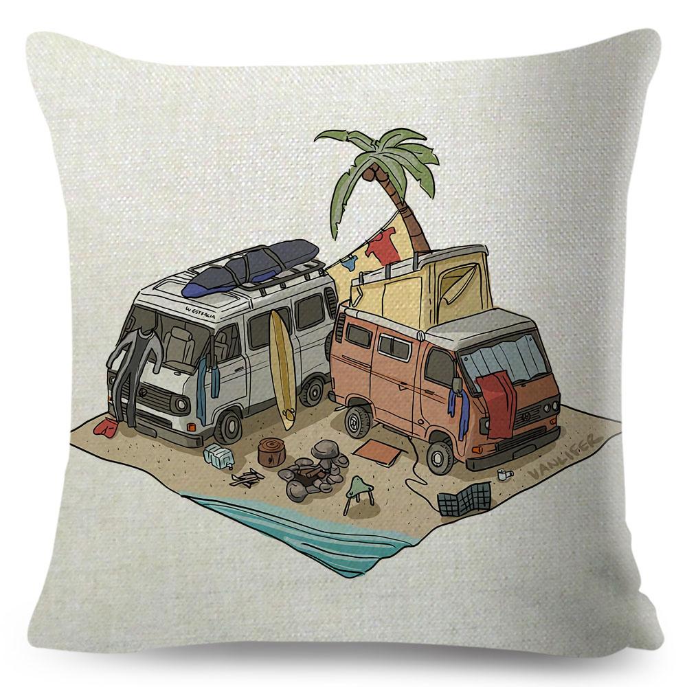 Van Life Pillow Case Decor Cartoon Camper House Travel Car Cushion Cover for Sofa Home Children Room Vanlife Pillowcase 45x45cm