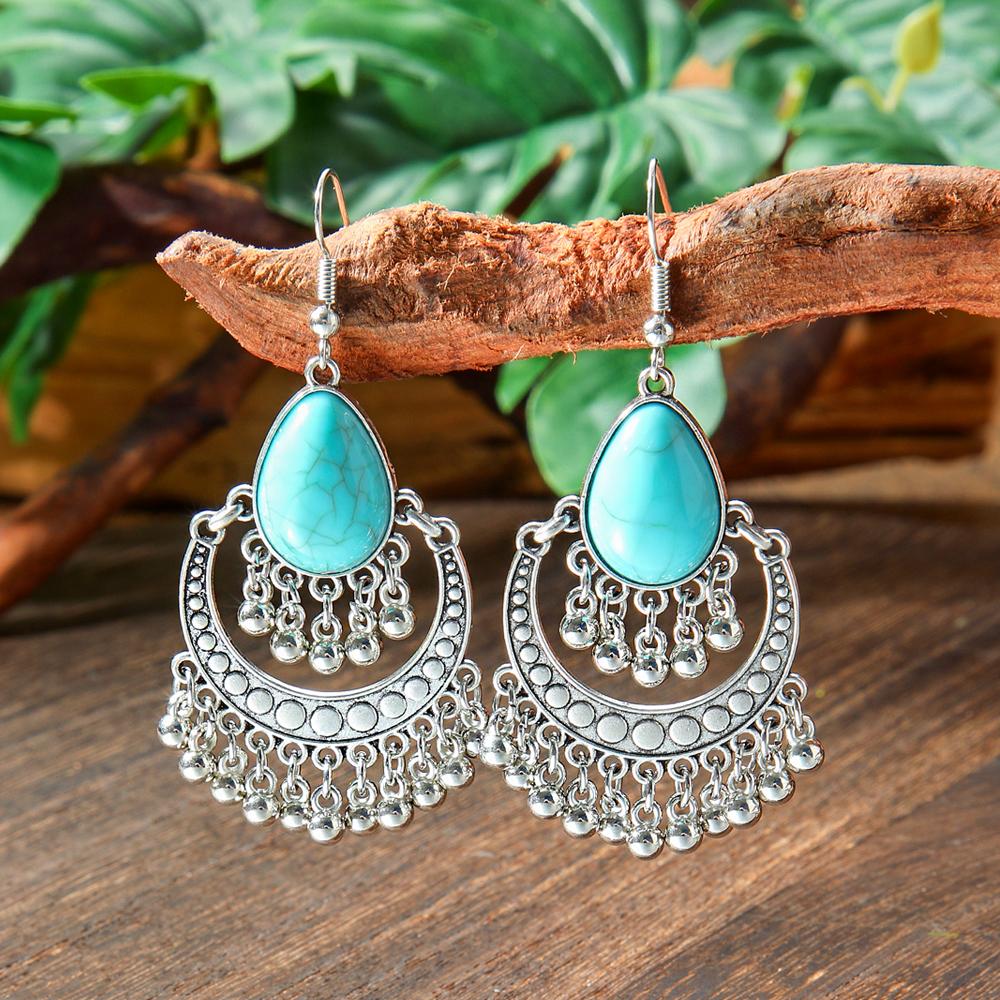 Boho Antique Silver Dangle Earrings for Women Turquoise Design Tassel Earrings Ethnic Style Work Daily Wear Gifts Versatile