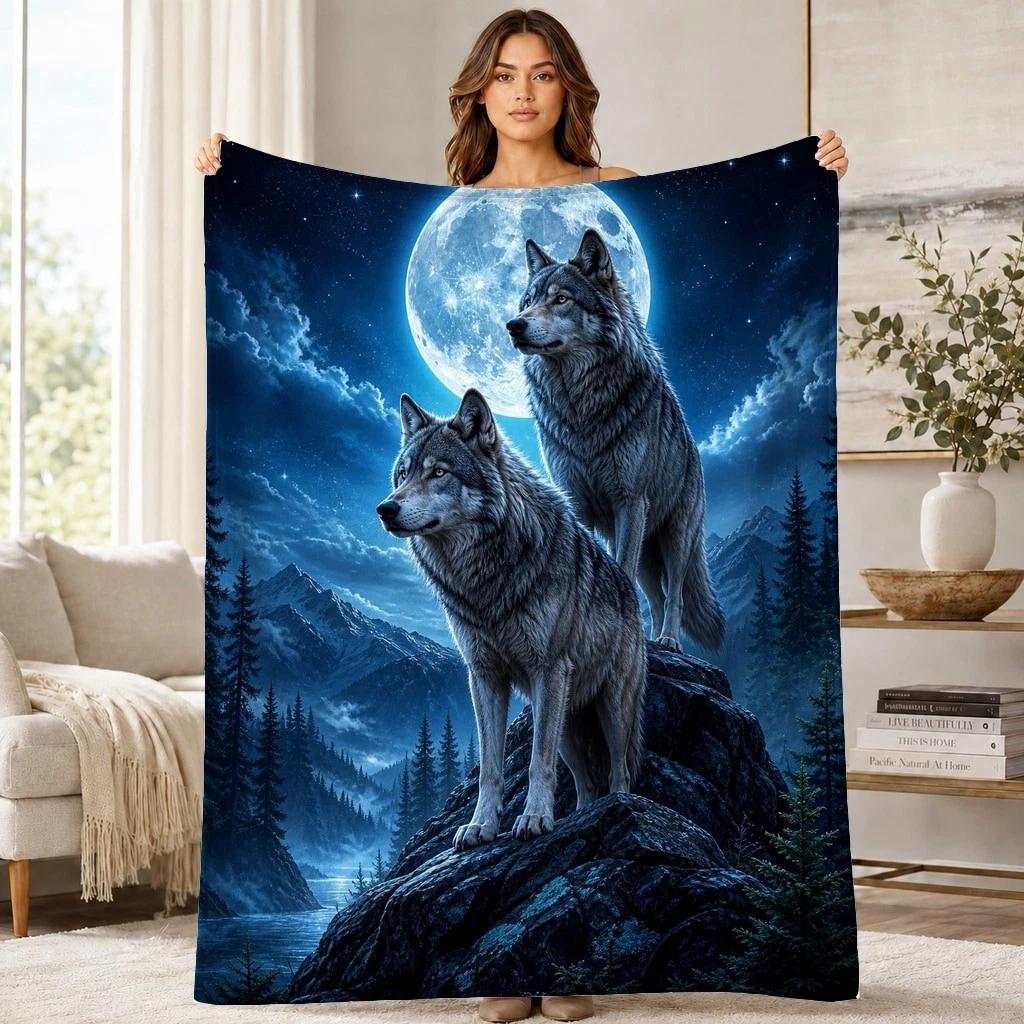 Wolves Under Full Moon Coral Fleece Blanket Night Wildlife Decor