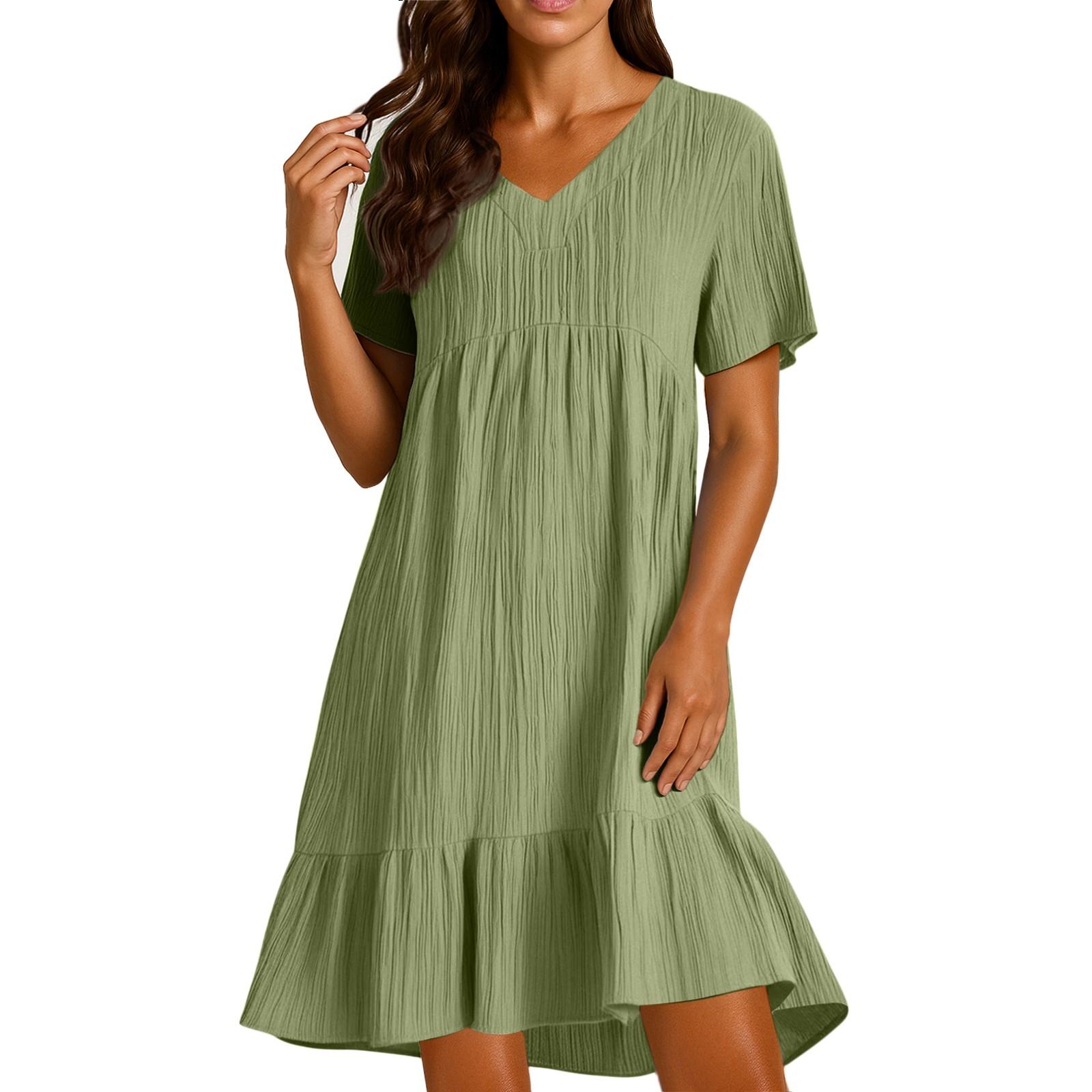 

Ladies Casual And Fashionable Solid Color Dress, Loose Short Sleeved Waist Cinched Dress XXXL армія зелений колір