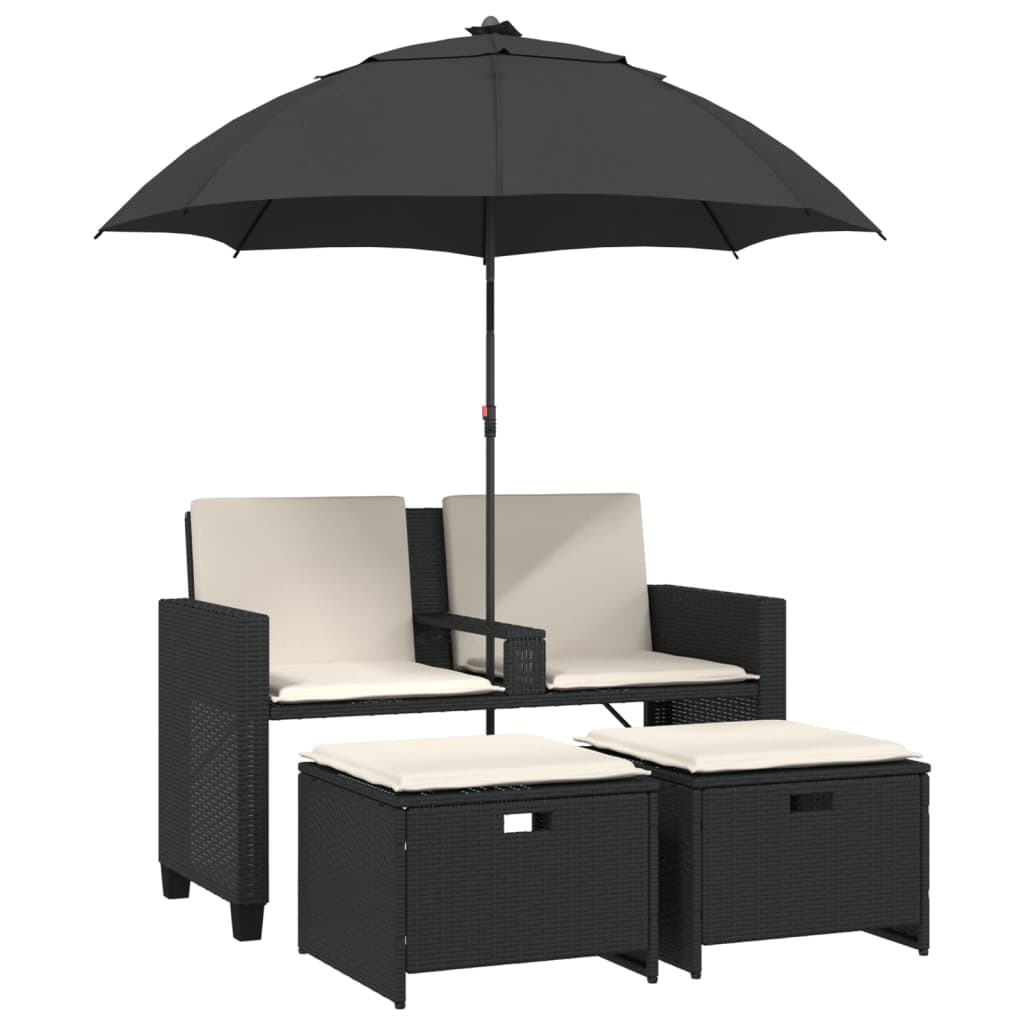 2 Seater Garden Sofa with Sun Umbrella and Footstools Black Poly Rattan