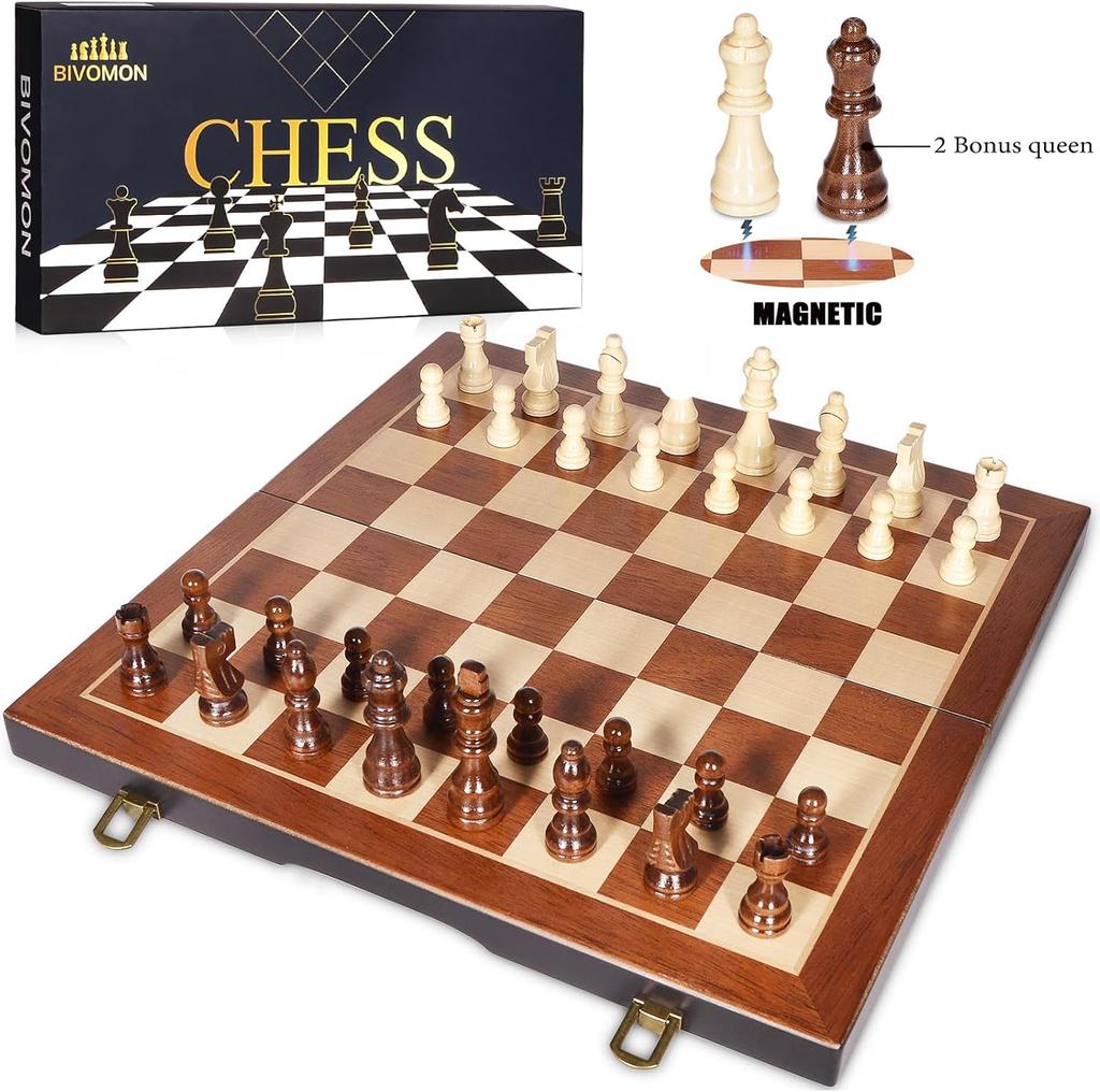 Magnetic Wooden Chess Set 15' with Storage, Portable Folding Travel Chess for Kids & Adults, 2 Extra Queens