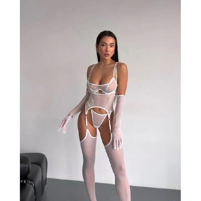 Ellolace Solid Women's Lingerie Sets Seductive See Through Bra Belt Thong 3PC with glovs stockings Sissy Sexy Women's Underwear