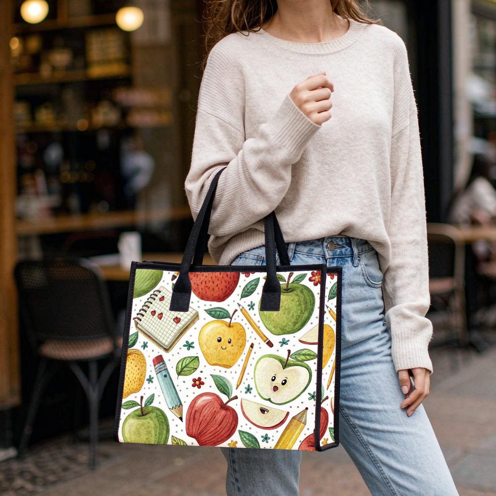 Cute Apple Print Tote Bag For Daily Use Portable Lightweight Shopping Shoulder Bag For Women