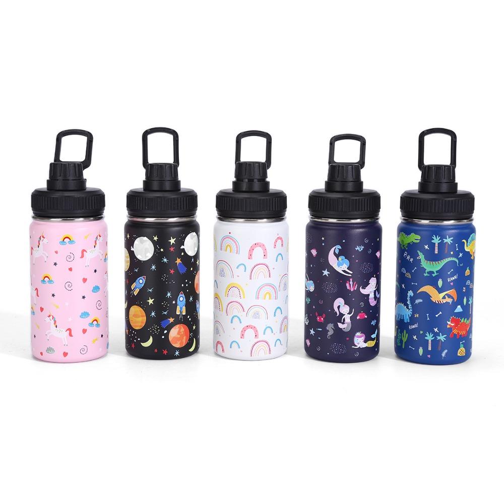 12oz 350ml Kids Cartoon 304 Stainless Steel Water Bottle, Leakproof Straw Insulated Tumbler with Portable Handle Lid