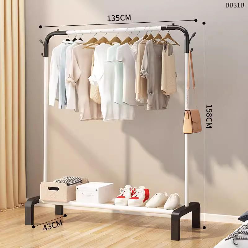 Minimalist Indoor Floor-Standing Coat Rack with Double Pole and Shelf for Bedroom or Balcony