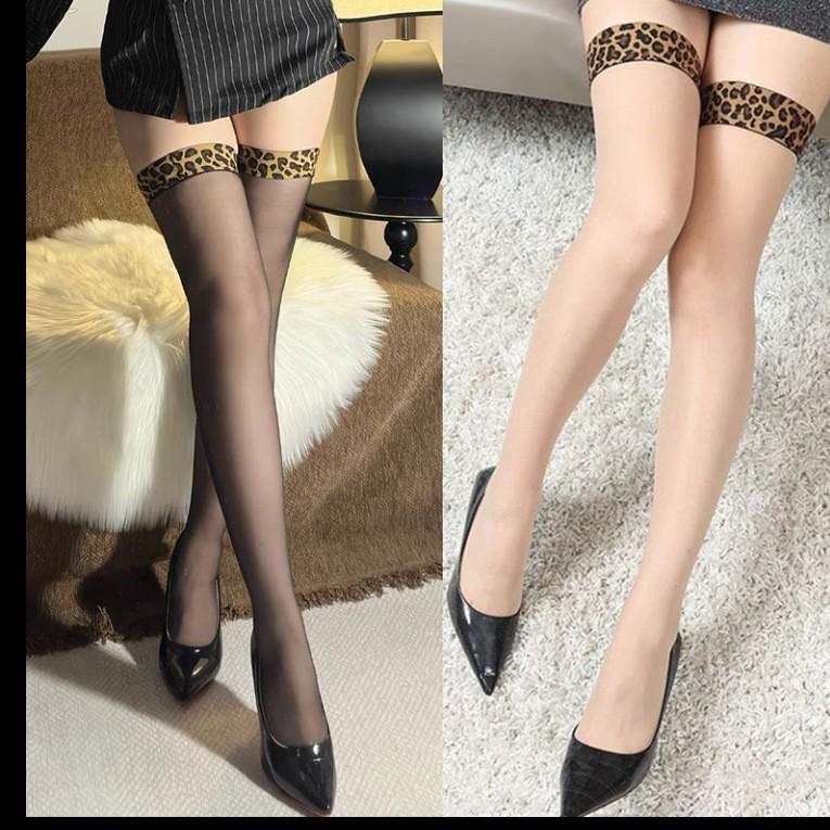 Medias de Seda Transparentes hasta la Rodilla Antideslizantes con Parches Estampado de Leopardo para Mujer - Medias Altas Negras de Verano Ultradelgadas