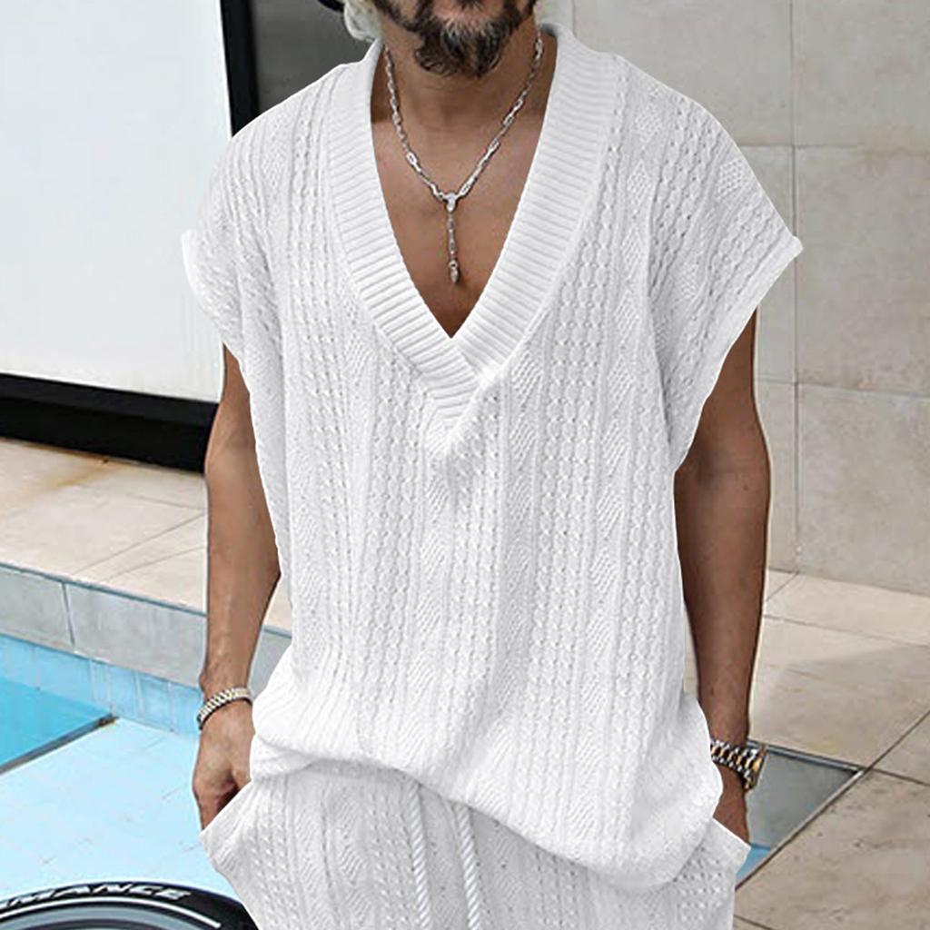 Men's Loose Casual V-Neck Sleeveless Tops Men's Knitted Sleeveless Vest Tops