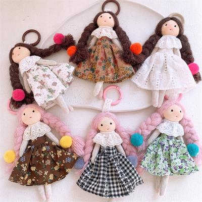 Cute Braid Doll Bag Charm Sweet Little Girl Floral Dress Plush Stuffed Toy Pendant Adorable Backpack Hanging Ornament Bag Charm