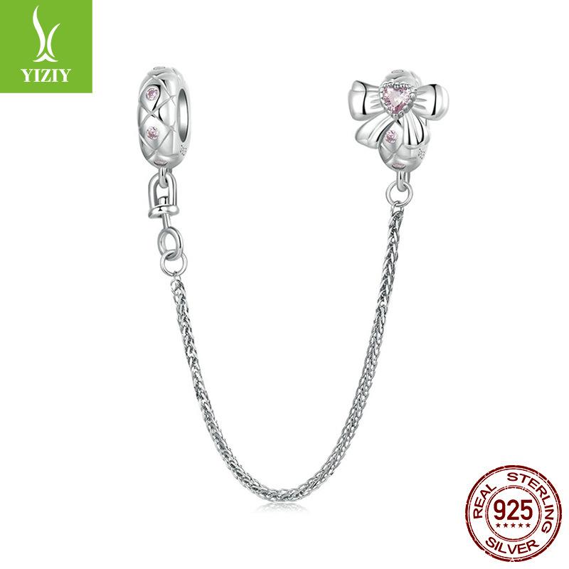 Romantic Pink Bow Diy Bracelet Beaded Accessories, Sweet Girl Heart S925 Sterling Silver Glazed Beads