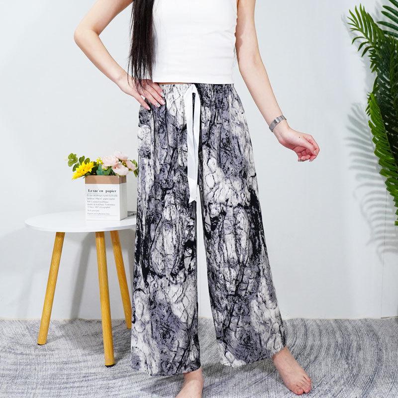 Women's Summer Cotton Silk Nine-Point Wide-Leg Pajama Pants - Plus Size, Loose, Breathable, Cooling, Ideal for Beach and Air Conditioning Comfort