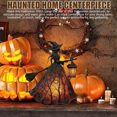 2025 New Resin Halloween Witch with Broom and Lantern Light, Desktop Glowing Decor for Indoor Party, Spooky Home Festival Accent