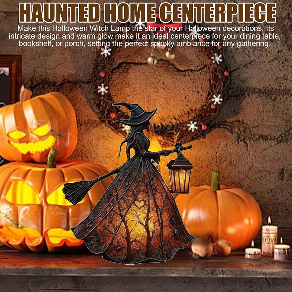 2025 Neue Harz Halloween Hexe mit Besen und Laternenlicht, Desktop Leuchtende Deko für Indoor Party, Gruseliger Heim Festival Akzent