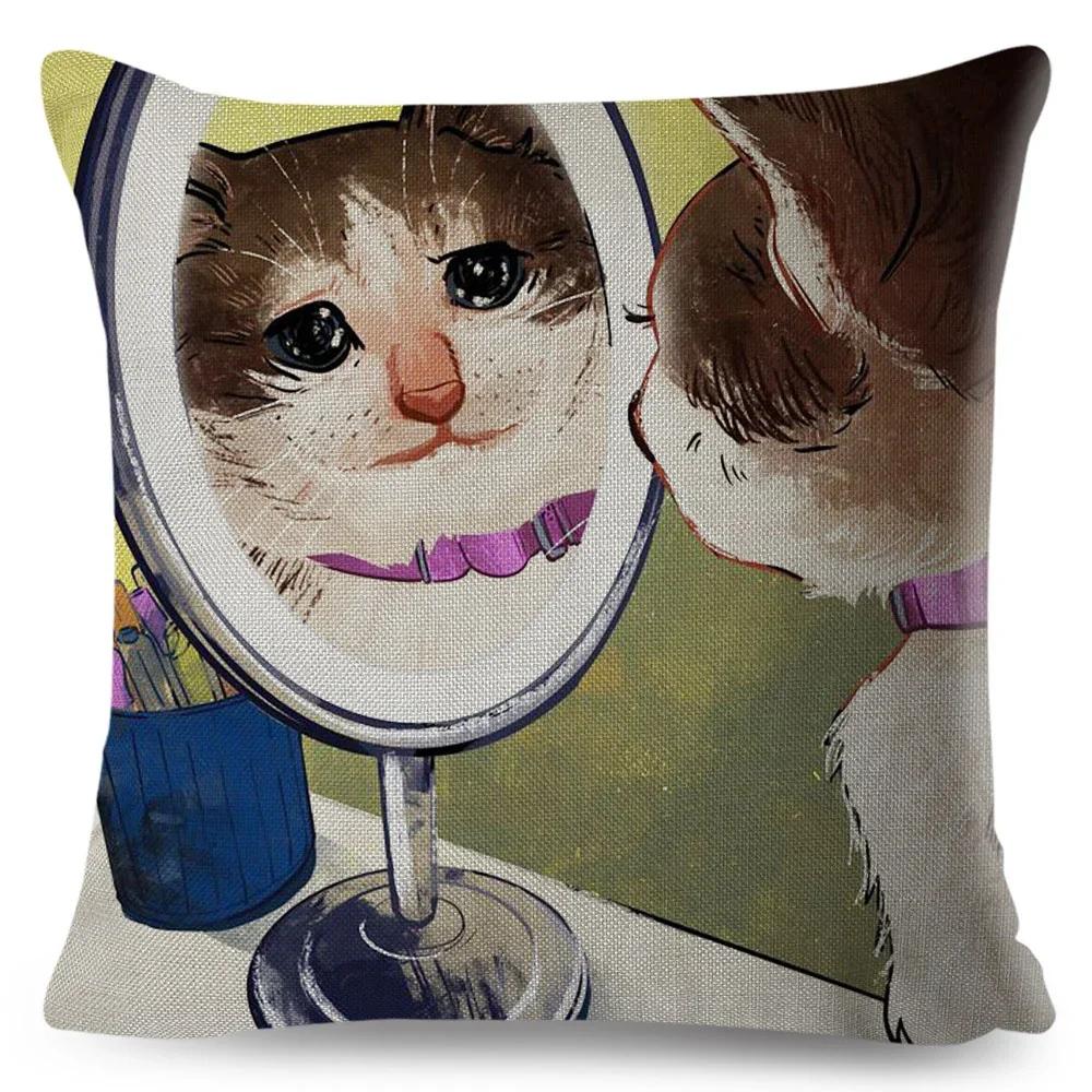 Olejomalba Roztomilá Kočka Povlak na Polštář Dekor Barevný Kreslený Domácí Zvíře Povlak na Polštář Polyesterový Povlak na Polštář na Pohovku Dětský Pokoj