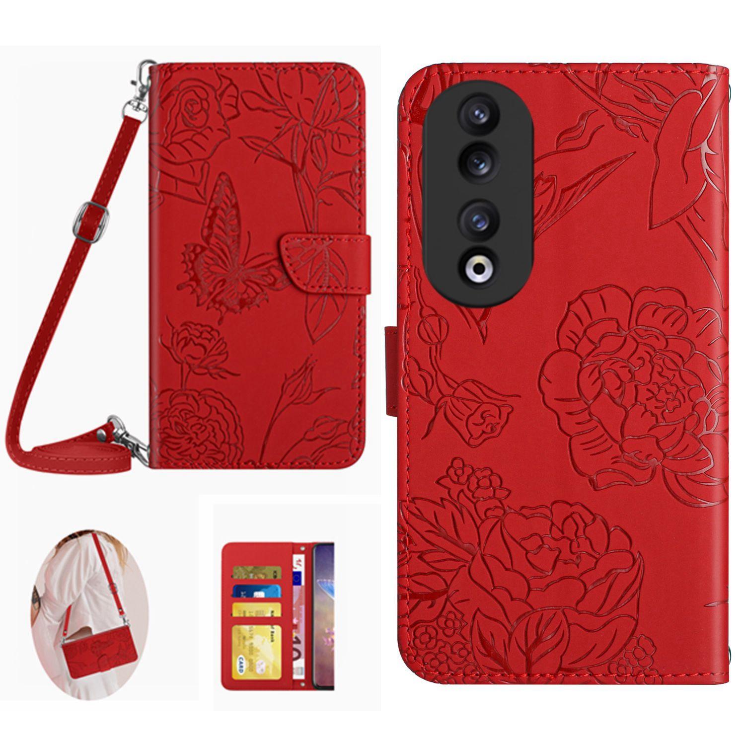

HT03 PU Leather Wallet Cover for Honor 90,Stand Imprinted Phone Case with Shoulder Strap Red