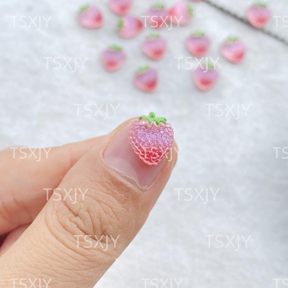 50pcs pink 3D Strawberry Cute Nail Charms Flatback Resin Rhinestone Gems Red Strawberry Designs Nail Decoration Jewelry