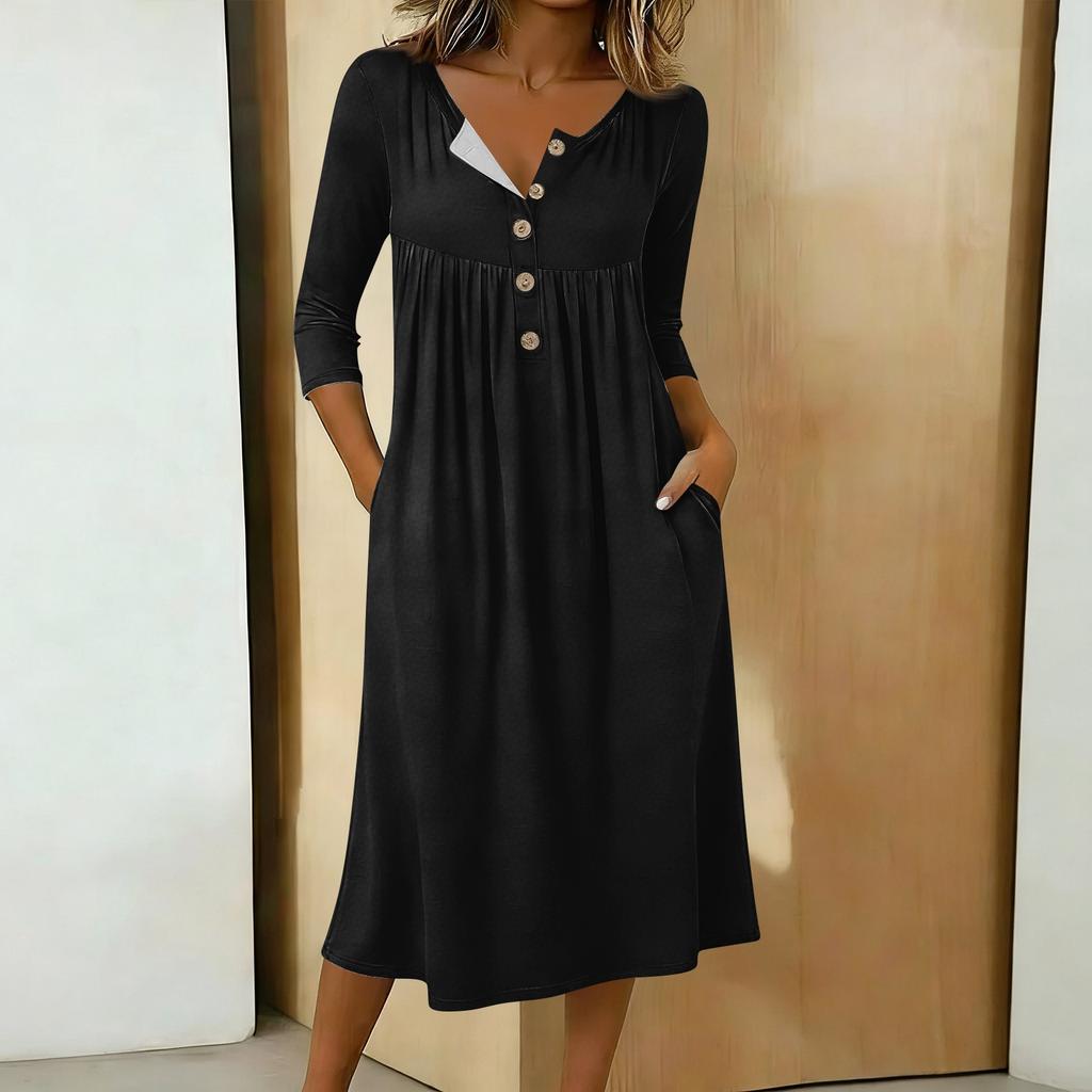 Damen Lässiges Midikleid mit 3/4 Ärmeln und Knöpfen