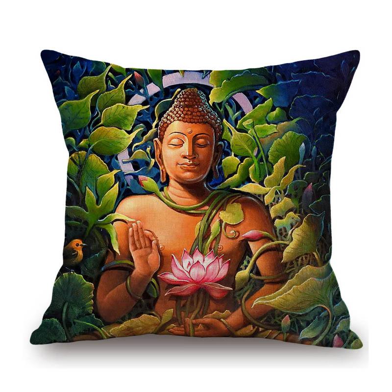 Worship Buddha Sakymuni Lotus Flower Buddism Oil Painting Southeast Asia Buddhists Decoration Pillow Case Linen Cushion Cover
