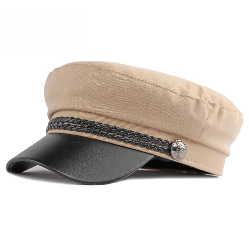 Women's PU Leather Visor Military Cap Sailor Hat Flat Top Marine Cap Preppy Style Retro Baker Boy Cap Braided Rope Casual