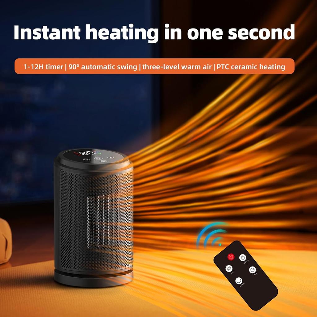 1500W Ceramic Space Heater with Thermostat, Remote, 12H Timer, 70° Oscillation - Portable Touchscreen Heater, Child Lock, Black