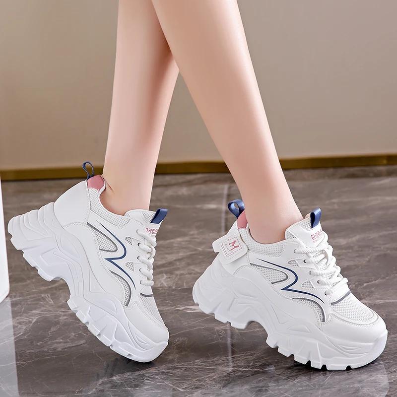 Women'S Chunky Platform Sneakers  Summer Breathable Mesh Non-Slip Sports Shoes Women Lace-Up Thick Bottom Vulcanized Shoes