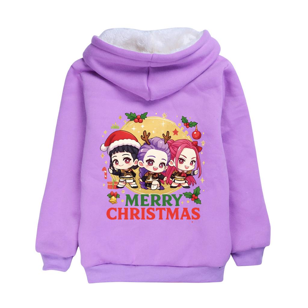 

5083 Christmas Kids Girls Kpop Zoey Mira Rumi Print Jacket Casual Long Sleeves Velvet Warm Outerwear Coat 160cm фіолетовий