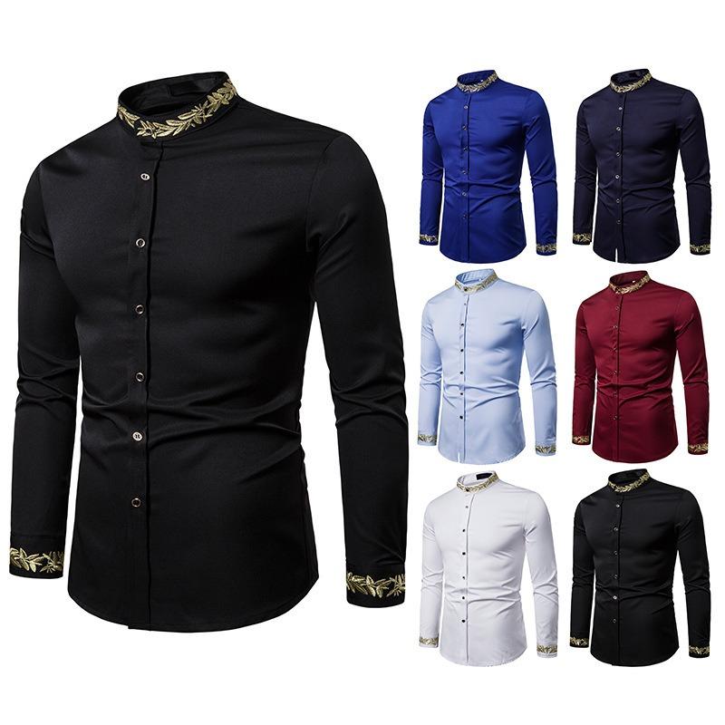 Camisa Casual de Manga Larga con Cuello Alto Bordado de Moda para Hombre Talla Europea