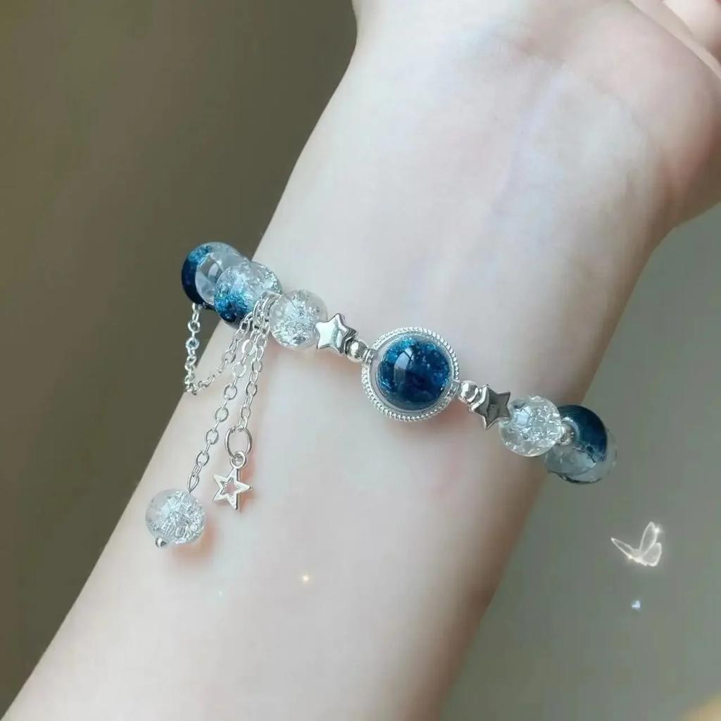 Niche Design Star Chain Tassel Bracelet for Women Fantasy Blue Crystal Beads Elastic Rope Bracelet Best Friend Zircon Gifts