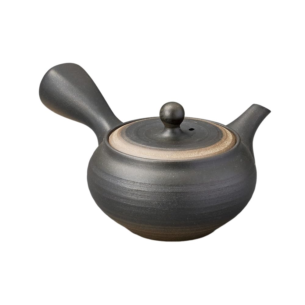 x x 9 Black Flat Round Teapot Tokoname Made in Stylish Ale-net Teapot, 16.5 13.5 cm, 280cc, Blown-Yaki (Sawayaka Ami), Ware, Japan,