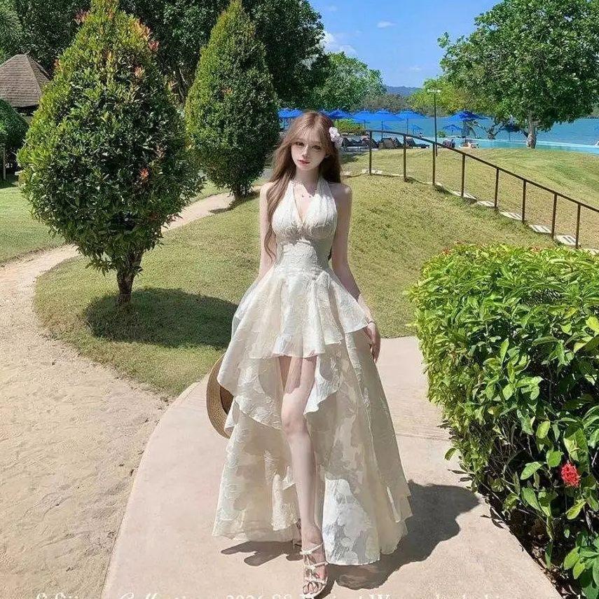 French sweet vacation style neck dress women's summer new pure desire style temperament irregular seaside vacation dress