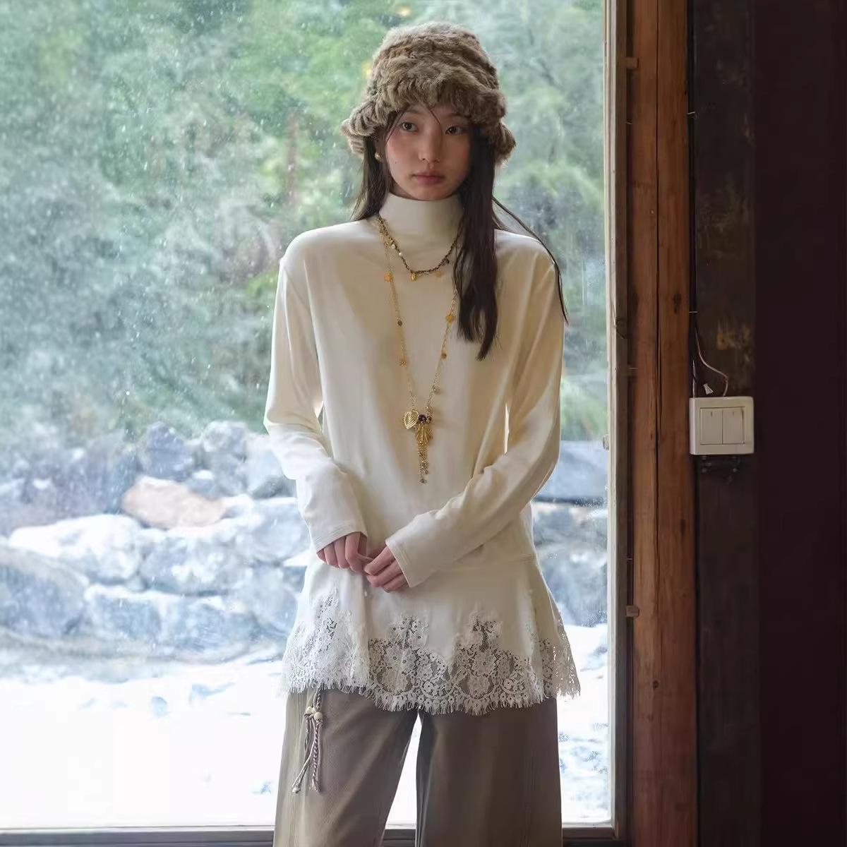 

Korean High Neck Lace White Ruffle Layered Long Sleeve Shirt for Women - Autumn Winter XL абрикосовый