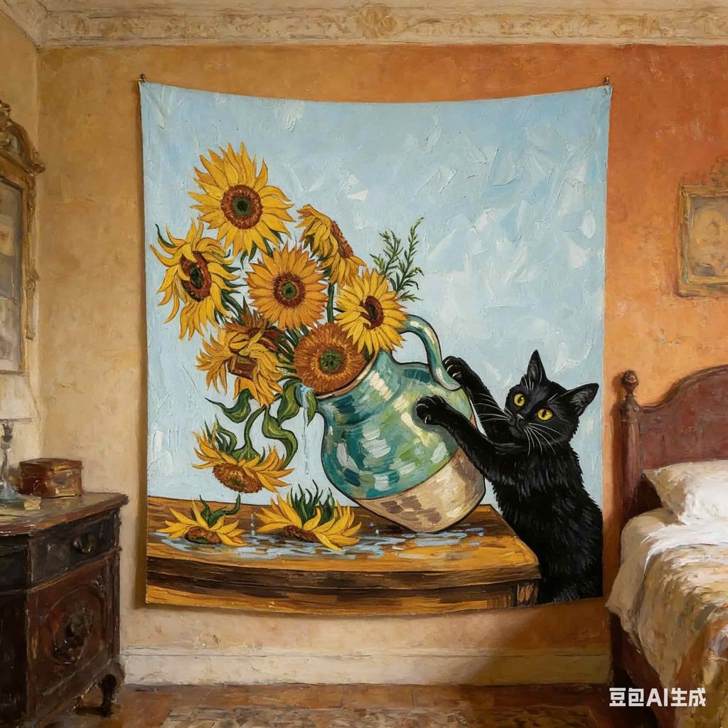 1pc Cute Black Cat Sunflower Tapestry 2D Polyester Wall Art Van Gogh Inspired Print for Bedroom Dorm Aesthetic Decor