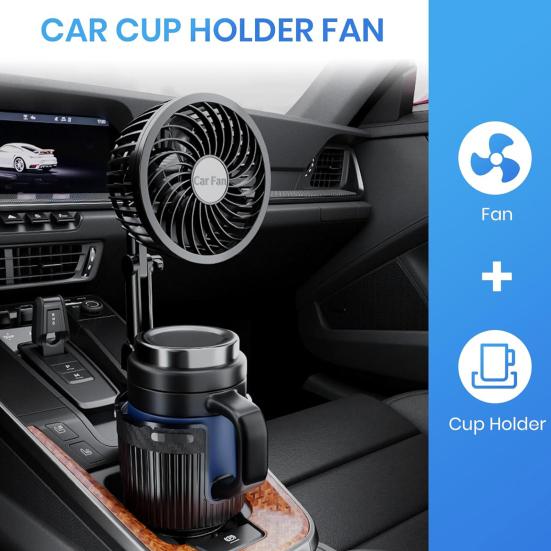 2-in-1 USB Fan Cup Holder Expander 360-Degree Rotation Strong Airflow USB Powered Universal Easy To Install Vehicle Cooling Fan