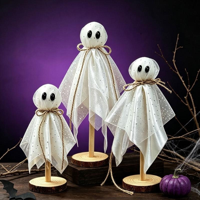 Reflective Fabric Halloween Spirit Figure Set, Three Standing Figures in Varied Sizes with Wooden Discs for Living Room, Entryway, and Office Displays