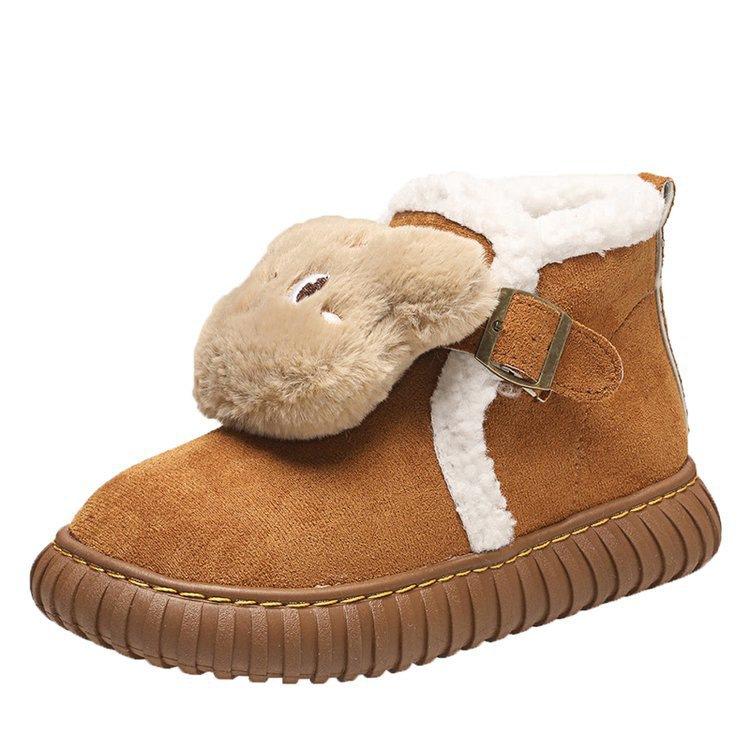 Cute bear snow boots, new velvet thickened-soled lamb wool warm maternity cotton shoes in autumn and winter