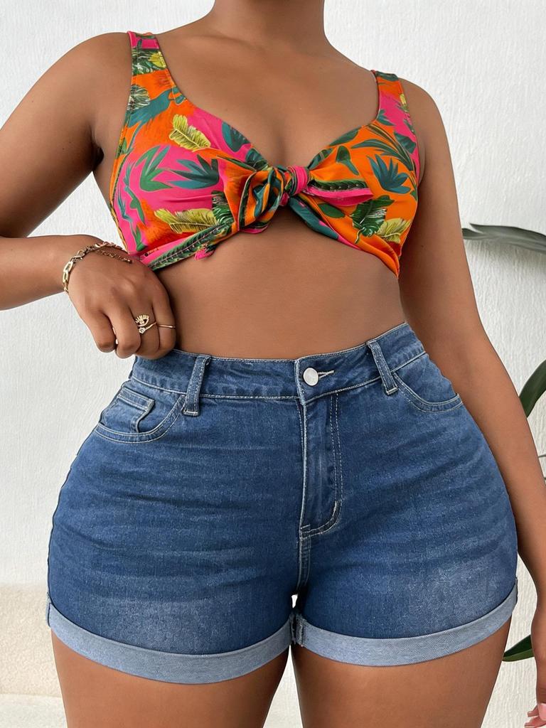 High Stretch Mid-Waist Plus Size Denim Shorts