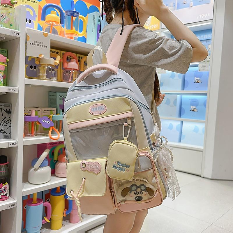 Japanese cute girl contrasting color backpack female Korean dopamine transparent color matching junior high school students large-capacity schoolbag