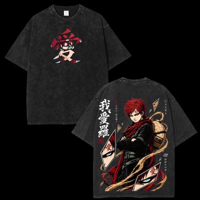 Naruto Gaara Washed Anime T-Shirt Vintage Naruto Shirt Oversized Anime T-Shirt Men Women Short Sleeve High Quality Female Male Clothing
