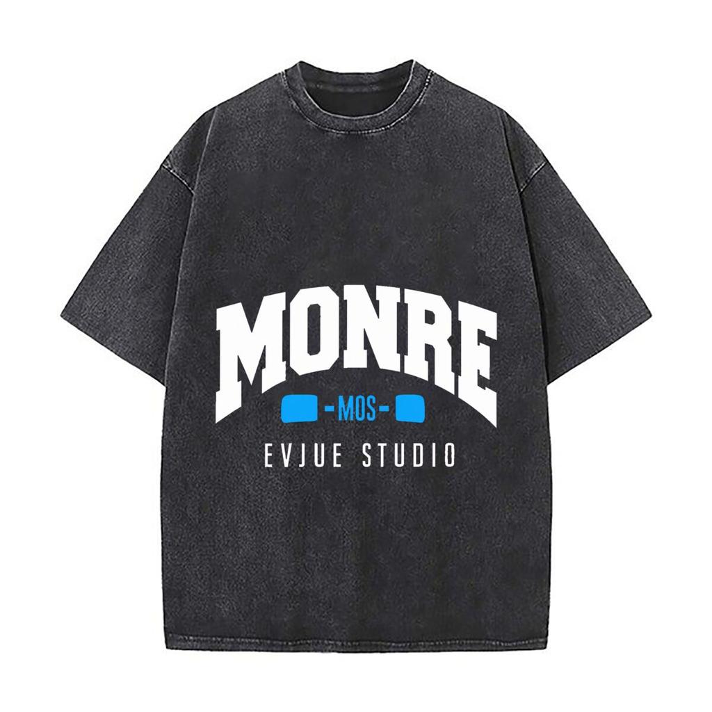 Mos Blue Minimalist Alphabet Graphic Design Washed Vintage Short Sleeve Loose Streetwear Tee