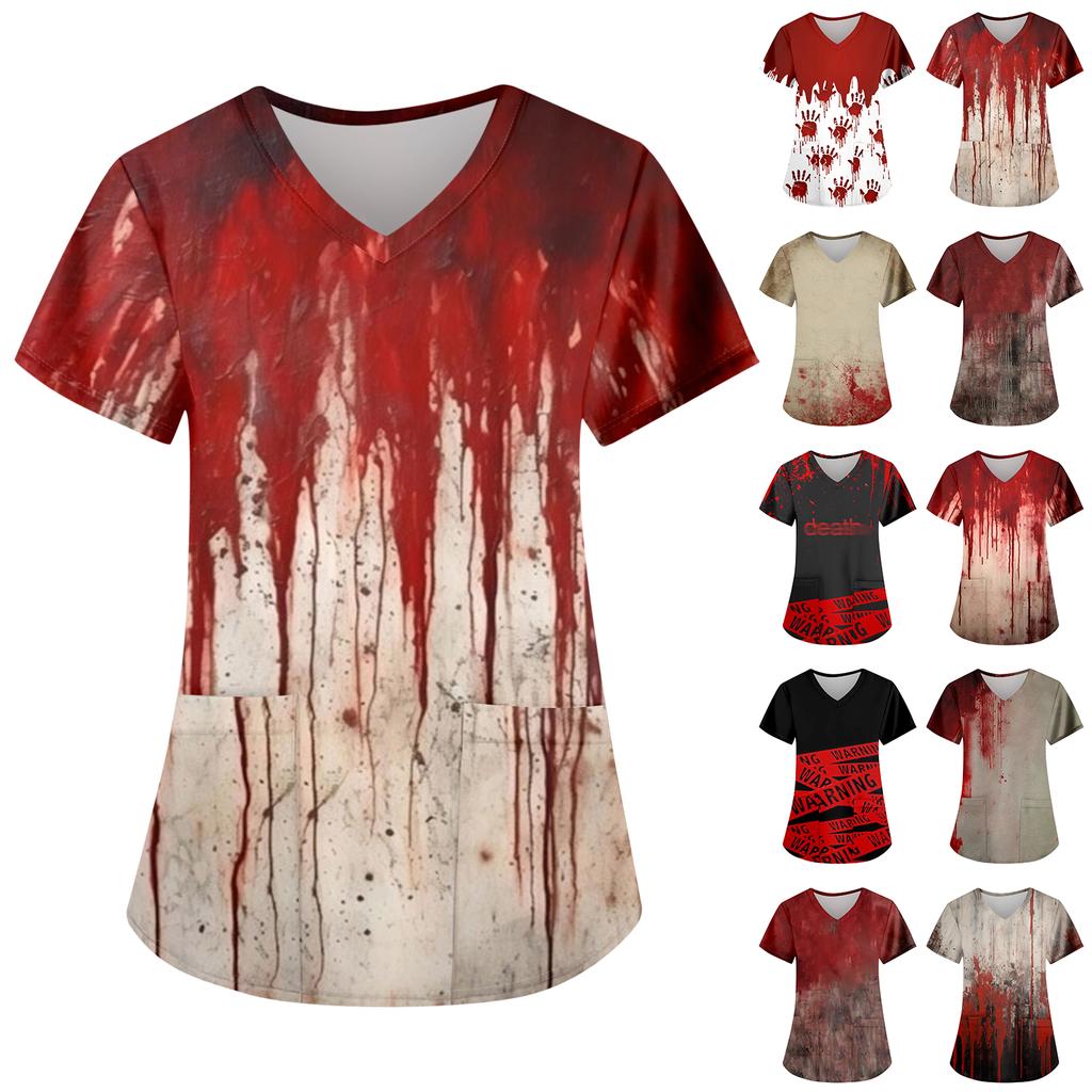 Women's Fashion Casual Halloween Printed Pocket T-shirt Tops