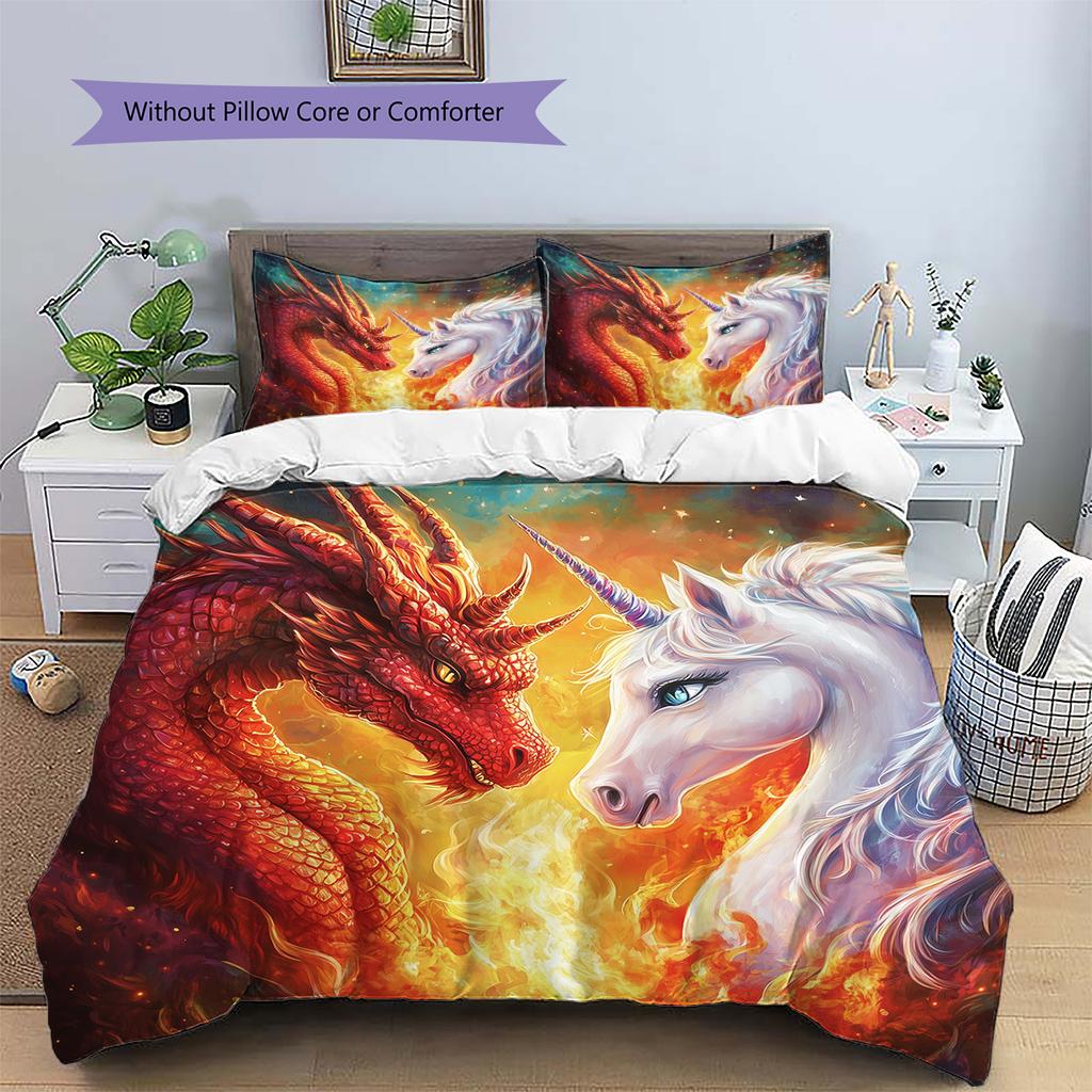 Dragon and unicorn Pattern Bedding Quilt Set Quilt Cover Pillowcase Home Decoration Gift (1 * duvet cover + 2 * pillowcase, without core)