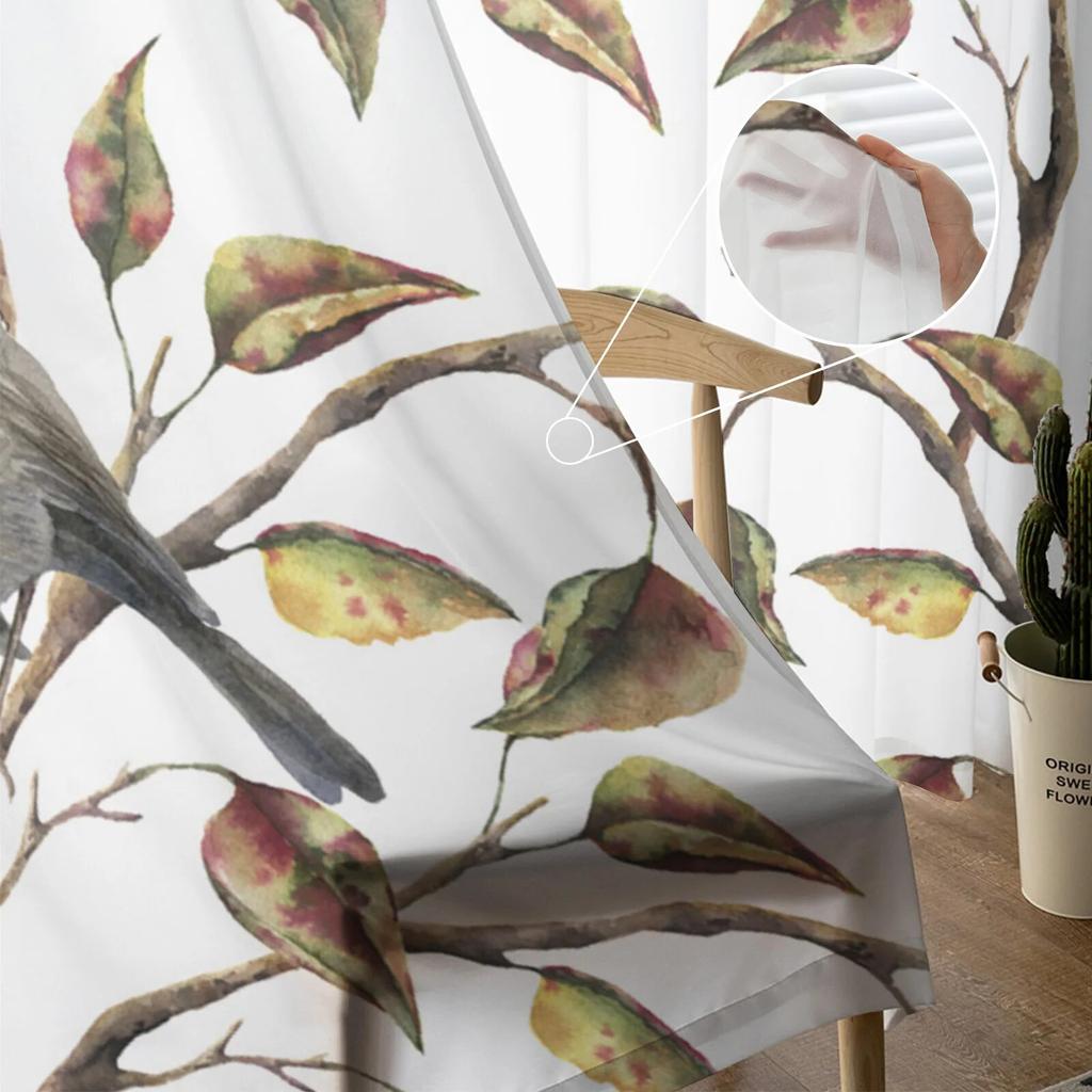 Birdie Leaves Plant Animal Modern Tulle Curtains For Living Room Bedroom Home Kitchen Window Sheer Curtains