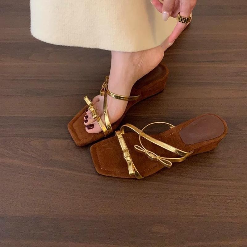 Fashion Summer Open Toe Bow Women's Slippers 2025 New Fashion Wedge High Heels Stripper Party Sliding Shoes Women Zapatos De Mujer