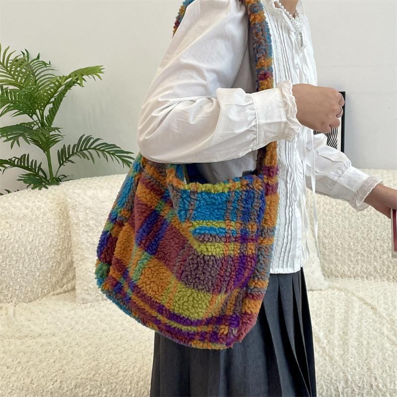 111 new wind plush woolen large capacity shoulder underarm bag hair bag plaid model
