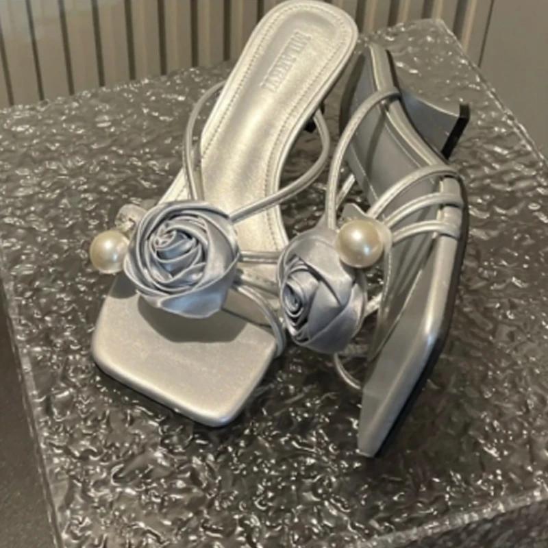 Fashion Flower Women High Heeles Slippers Fashion Elegant Shoes Sexy Summer Woman Sandals 2025 Luxury Pumps Dress New Chaussure Femme