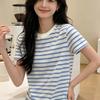 Ladies' Blue White Striped T-shirt Female Round Neck Loose Short Sleeved Blouse Summer New Korean Style Versatile Top