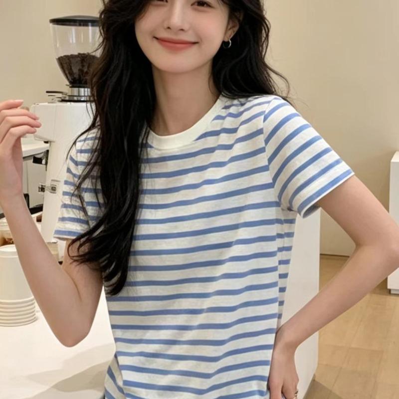 Ladies' Blue White Striped T-shirt Female Round Neck Loose Short Sleeved Blouse Summer New Korean Style Versatile Top